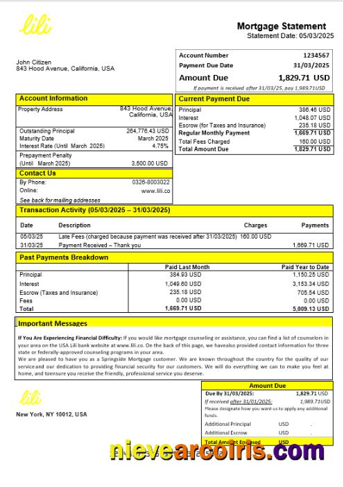 USA Lili bank mortgage statement